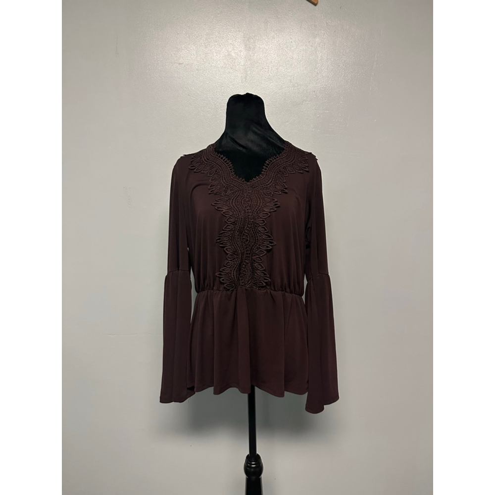 Women's Maurices Brown Lace V-Neck Bell Sleeve Blouse size Large boho